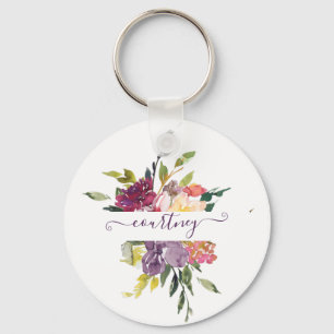 Chaveiro Floral personalizado em aquarela roxa e vermelha 