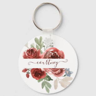 Chaveiro Floral personalizado em aquarela vermelho profundo