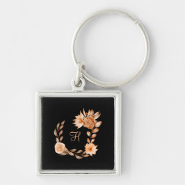 Chaveiro Floral Preto Marrom e Bege Monogramado