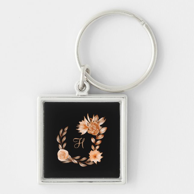 Chaveiro Floral Preto Marrom e Bege Monogramado (Frente)