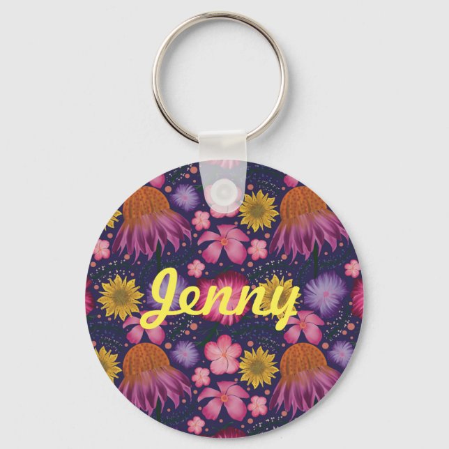 Chaveiro Floral Púrpura de Flor Selvagem Personalizada (Frente)