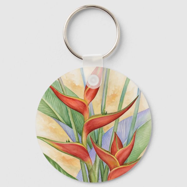 Chaveiro Floral Red Heliconia Tropical Flowers Painting (Frente)