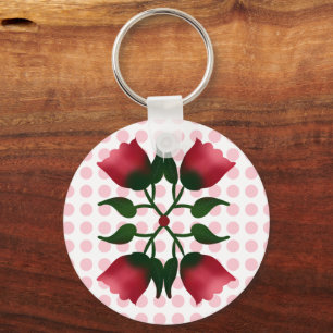 Chaveiro Floral Retro Vermelho Arte Popular com Padrão de B