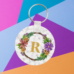 Chaveiro Floral Wreath Inicial Letra Monograma Nome Marble