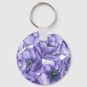 Chaveiro Flores anêmonas violetas padrão aquarela