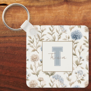 Chaveiro Flores Azuis Marrom Creme Monograma Nome Inicial