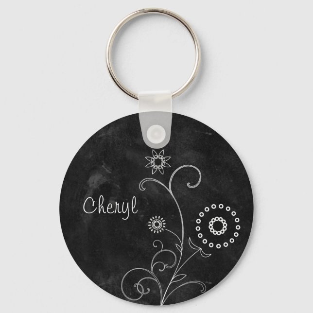 Chaveiro Flores Brancas Bonito Bohemian Blackboard Com Nome (Frente)