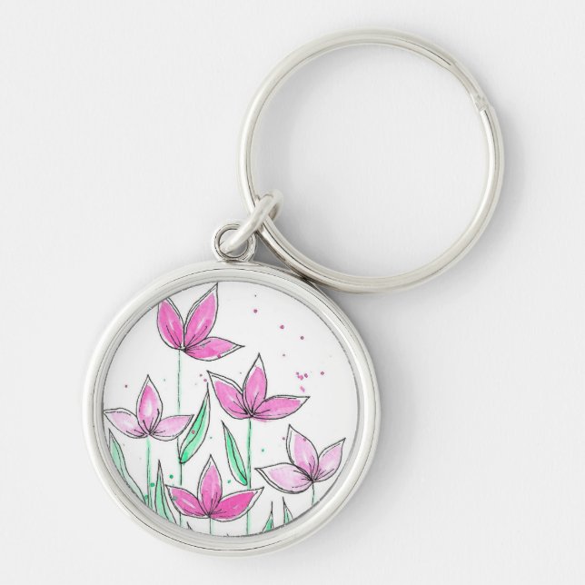 Chaveiro Flores Caprichosas em Aquarela Rosa (Frente)