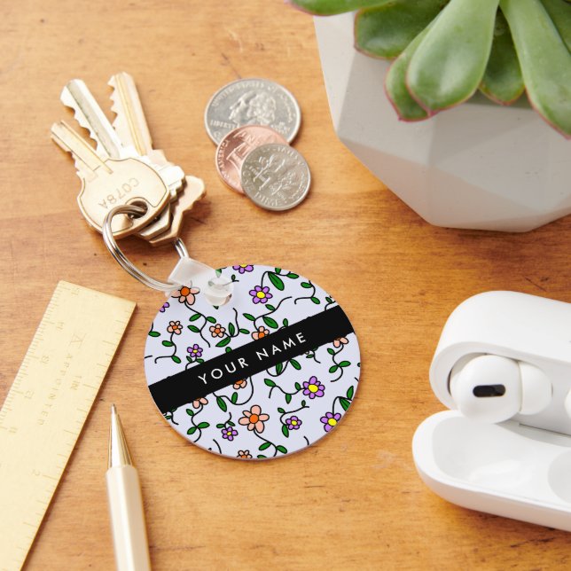 Chaveiro Flores coloridas, fundo azul, preto (Mesa)