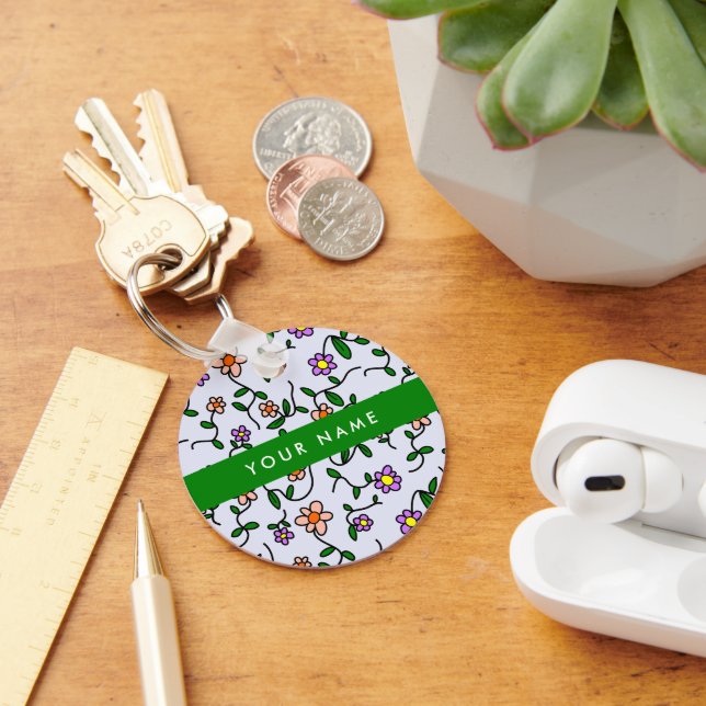 Chaveiro Flores Coloridas, Fundo Azul, Verde (Mesa)