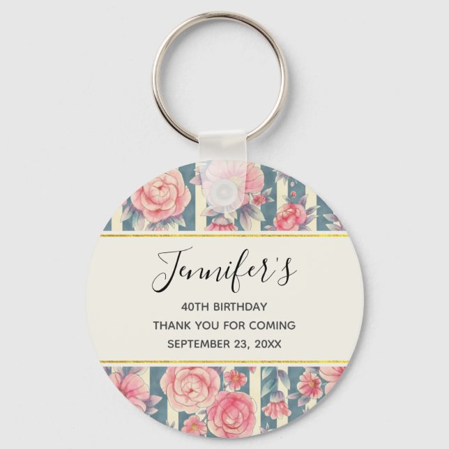 Chaveiro Flores de Aquarela Rosa em Stripes Aniversário (Frente)