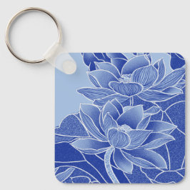 Chaveiro Flores de Lotus Azul Elegantes Mandala Chinoiserie