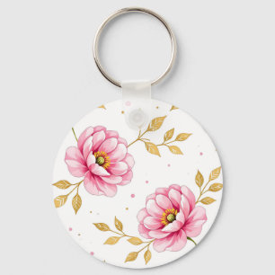 Chaveiro Flores de Peônia Rosa Padrão Folhas Douradas
