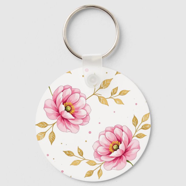 Chaveiro Flores de Peônia Rosa Padrão Folhas Douradas (Frente)