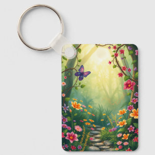 Chaveiro Flores e borboleta numa Floresta Tropical Encantad