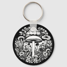 Chaveiro Flores e Cogumelos Pretos e Brancos