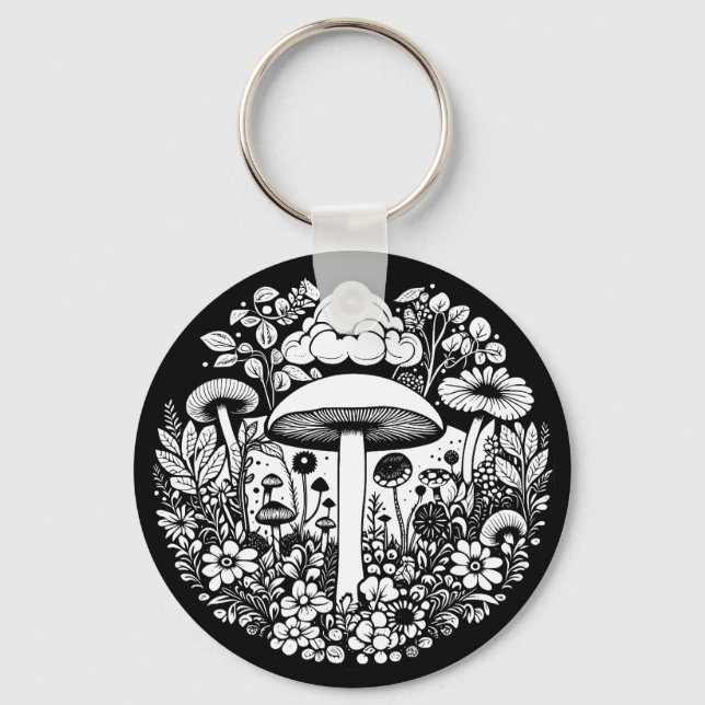 Chaveiro Flores e Cogumelos Pretos e Brancos (Frente)