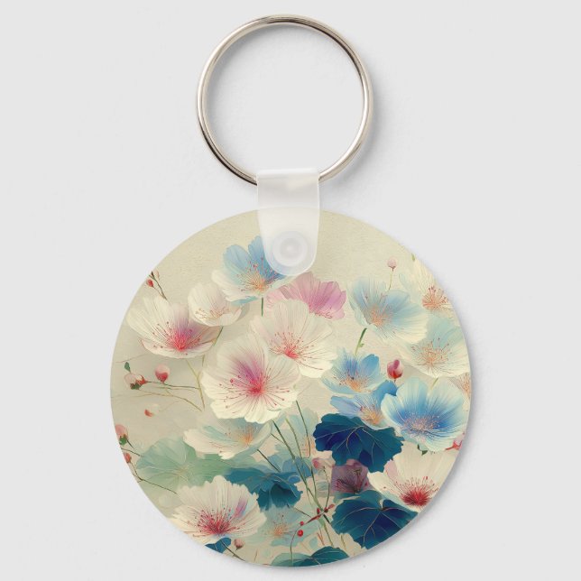 Chaveiro Flores em Flor - Arte Botânica em Pastel Suave #1 (Frente)