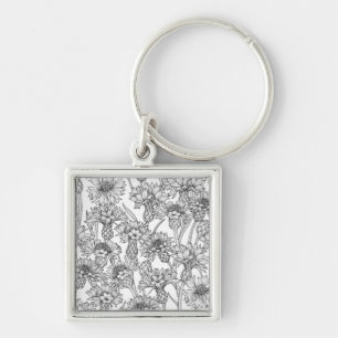 Chaveiro Flores, flores silvestres, a preto e branco