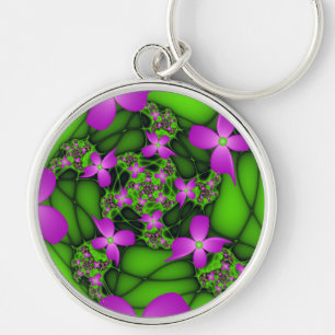 Chaveiro Flores Fractais Abstratas Modernas Rosa Verde Neon