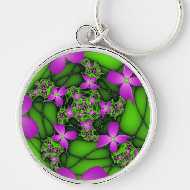 Chaveiro Flores Fractais Abstratas Modernas Rosa Verde Neon (Frente)