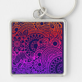 Chaveiro Flores Laranja Roxo e Fundo Azul Marinho