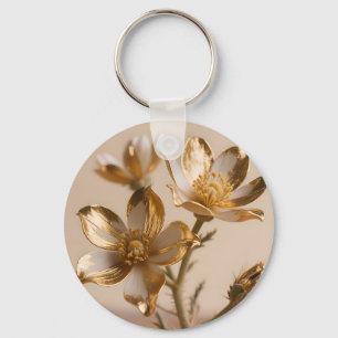 Chaveiro Flores Metálicas Douradas Luxo Elegância Botânica