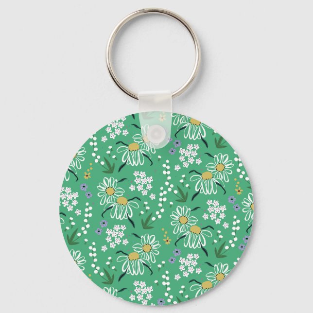 Chaveiro Flores Retro, Padrão Botânico Sem Costura. (Frente)