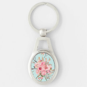 Chaveiro Flores Rosa Esmagadas no Azul Claro
