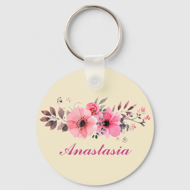 Chaveiro Flores Rosa Incríveis com o seu nome (Frente)