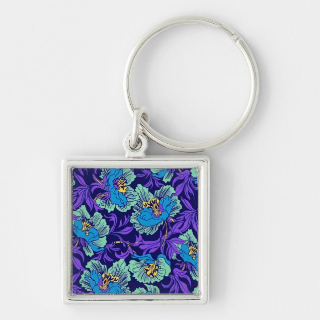 Chaveiro Flores roxas e azuis William Morris (Frente)