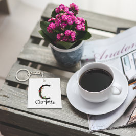 Chaveiro Flores silvestres vermelhas Monograma de aquarela