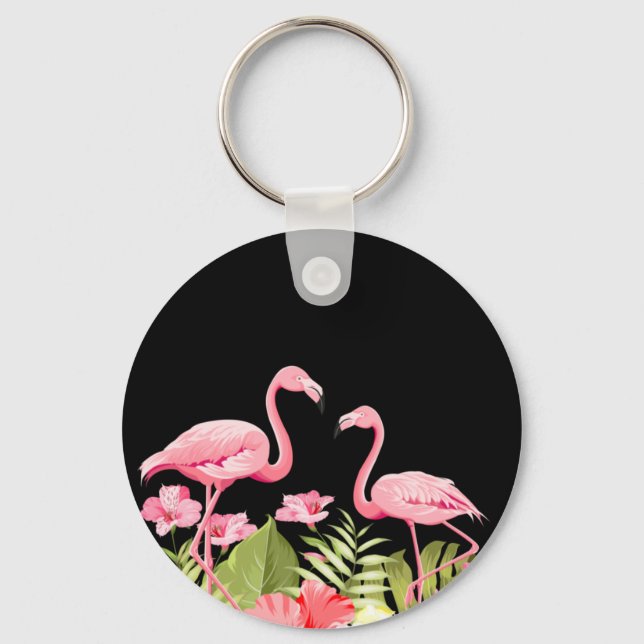 Chaveiro Flores Tropicais e Design de Flamingos (Frente)