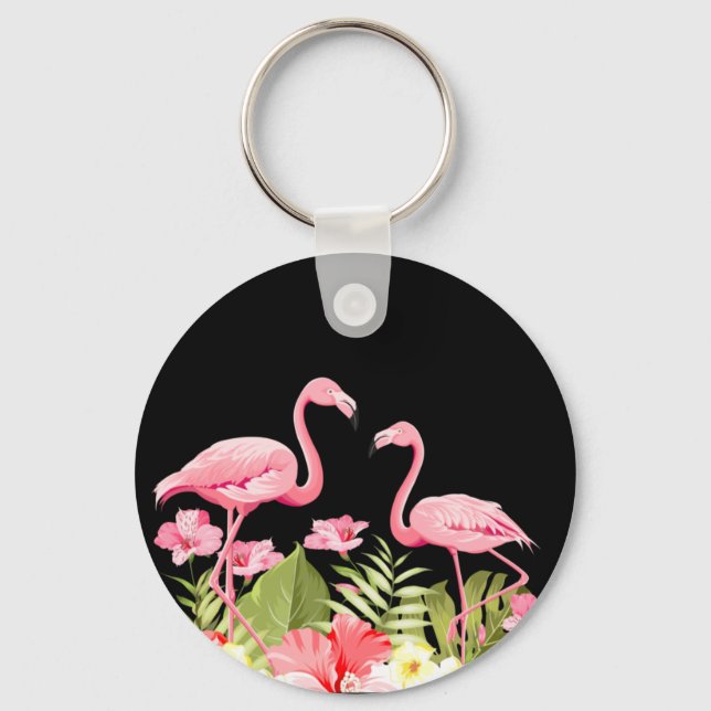 Chaveiro Flores Tropicais e Design de Flamingos (Frente)