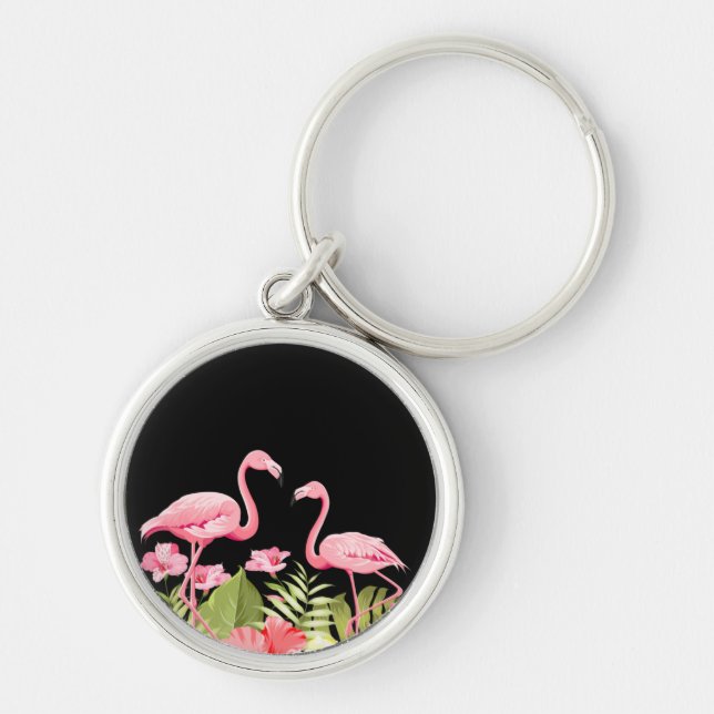 Chaveiro Flores Tropicais e Design de Flamingos (Frente)