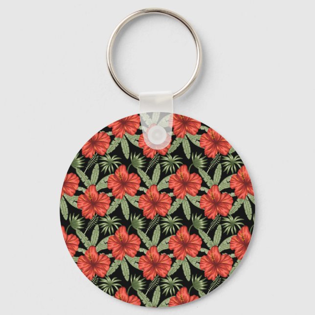 Chaveiro Flores tropicais vermelhas Folhas verdes (Frente)