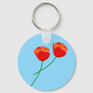 Chaveiro Flores Vermelhas de Papoila Azul-Céu