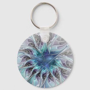 Chaveiro Florescer Floral Fractal Moderno Abstrato Com Azul