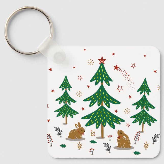Chaveiro Floresta de Natal Arborizada com Coelhos sob Estre (Frente)