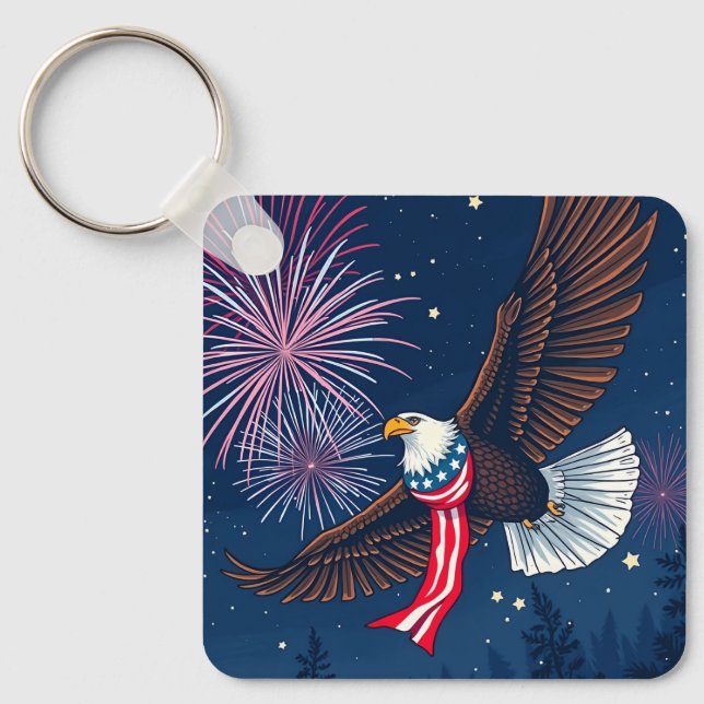 Chaveiro Flying Bald Eagle with USA Flag Scarf & Fireworks (Frente)