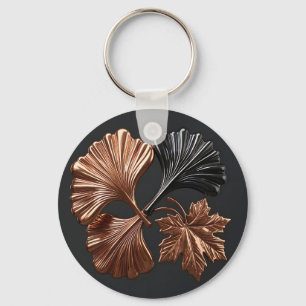 Chaveiro Folhas Metálicas de Ginkgo e Bordo Preto Cobre