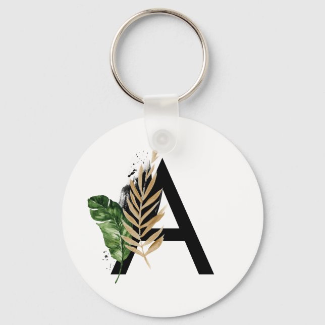 Chaveiro Folhas Tropicais Faux Gold Foil - Letra A Monogram (Frente)