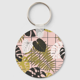 Chaveiro Folhas tropicais, flores, padrão pintado à mão.