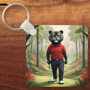 Chaveiro "Fore! Um Tigre Negro Jogando Golfe nos Bosques"
