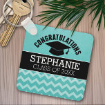 Chaveiro Formando de parabéns - Graduação em preto-aquático<br><div class="desc">Um boné de formatura tradicional com um padrão e um lugar divertidos para adicionar o nome do formando. Adicione qualquer ano para personalizar esta design caprichosa. Isto pode ser utilizado para qualquer formando - segundo grau,  universidade,  escola de formando,  escola de medicina ou mesmo escola de comércio.</div>