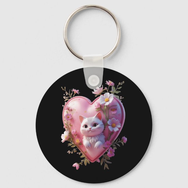 Chaveiro Formato de coração fofo com um gato Design engraça (Frente)