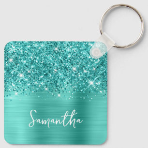 Chaveiro Foto Brilhante Azul Turquesa Glam Nome em Letra