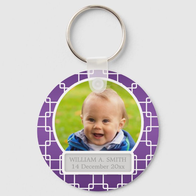 Chaveiro Foto De Bebê Com Nome Elegante Trellis Purple (Frente)