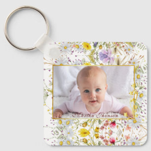 Chaveiro Foto de Bebê Menina em Aquarela Floral Rosa Dourad