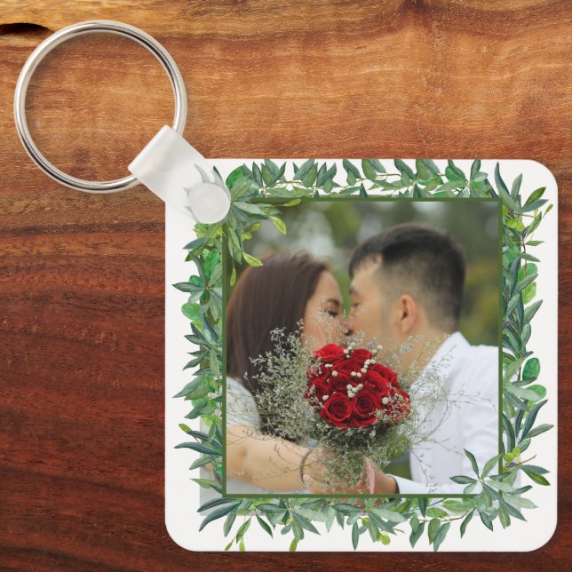 Chaveiro Foto de Casamento Greenery Modern Watercolor (Frente)